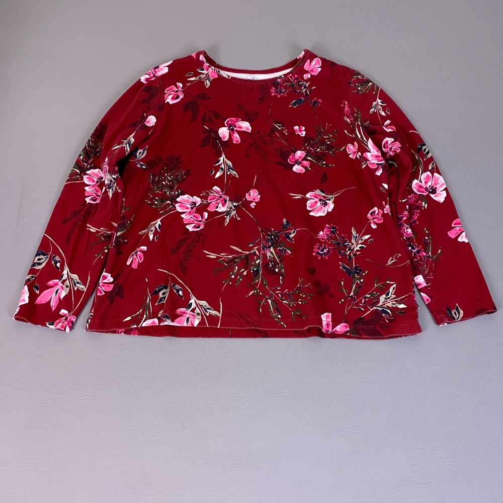 Croft & Barrow The‎ Classic Tee Top XL Burgundy Red Floral Cotton Long Sleeve